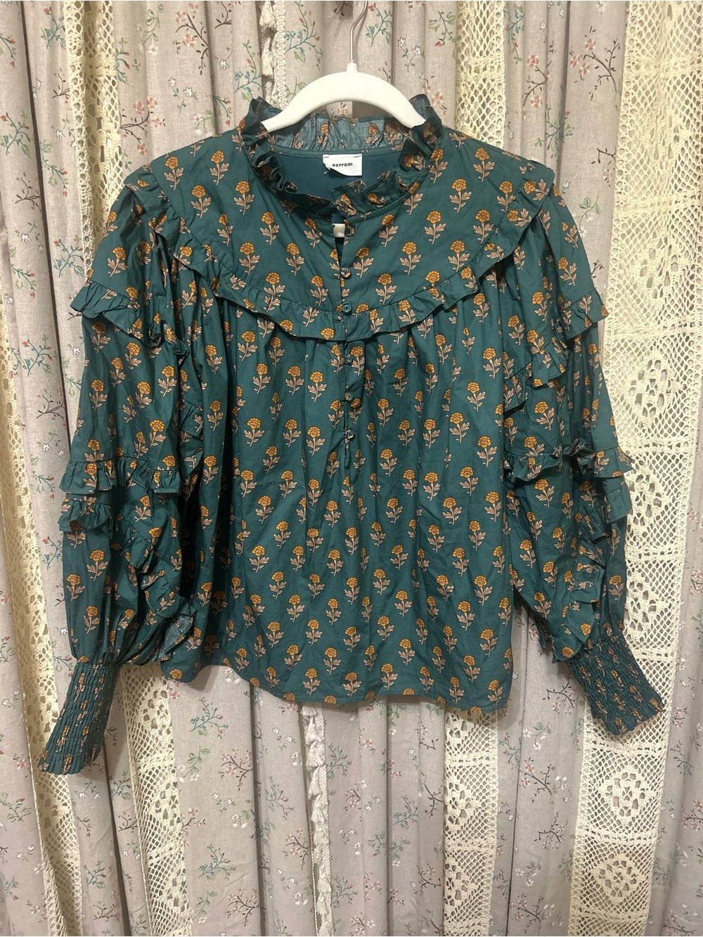 Aureum Floral Ruffle Blouse Smocked Puff Sleeve Cotton Cottagecore S